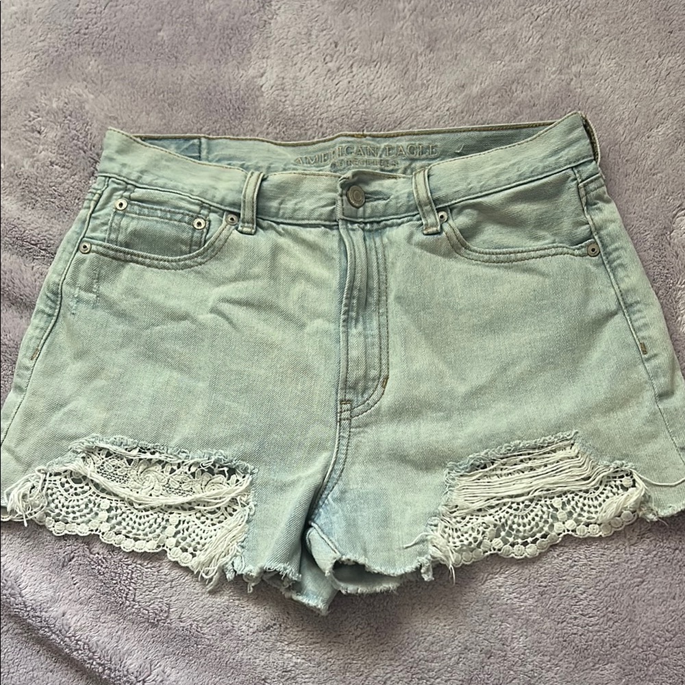 Women's Light Blue Denim Shorts with Lace Trim